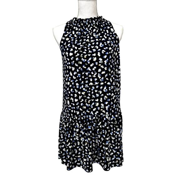 Banana Republic Blue Leopard Print Knit Jersey Flounce Shift Dress Small Petite - Picture 1 of 5